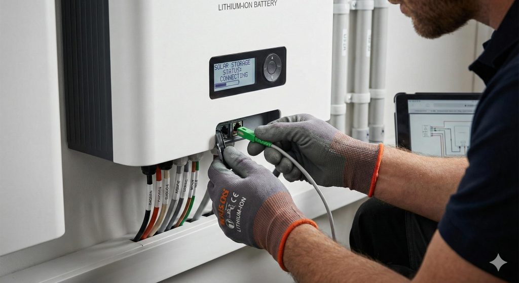 Técnico instalador conectando cableado en batería de litio para autoconsumo solar.