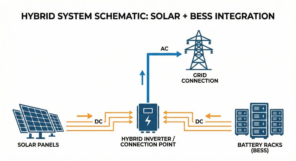 Esquema de hibridación de planta solar y baterías compartiendo punto de conexión