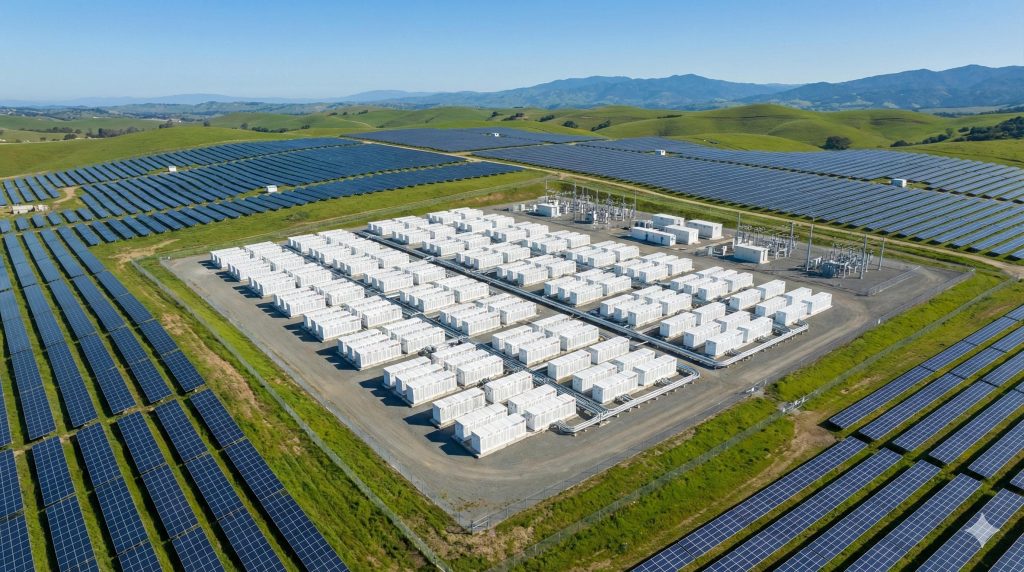 Vista aérea de parque solar fotovoltaico