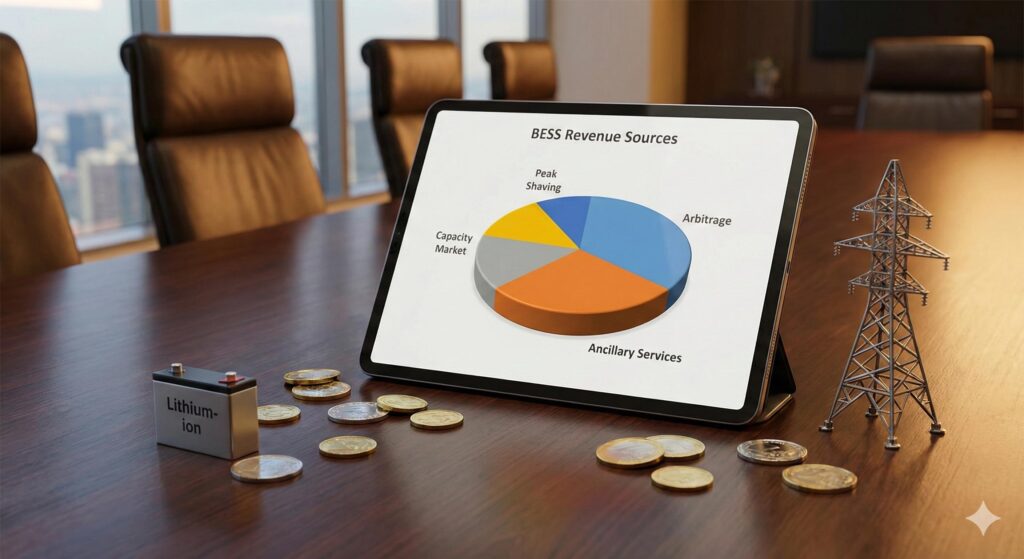 Grafico finanziario delle fonti di reddito di un progetto di investimento in batterie BESS.