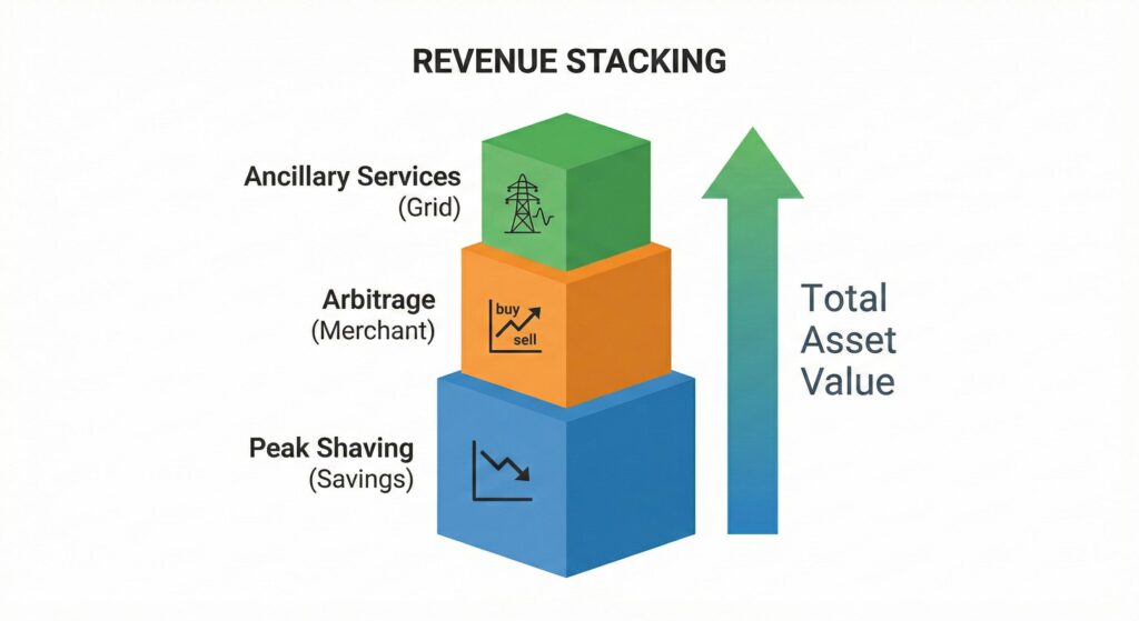 Infografica sul Revenue Stacking: il revenue stacking nei progetti di accumulo di energia.