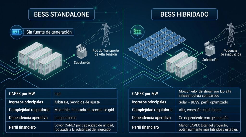 Diagramma comparativo BESS standalone vs fotovoltaico ibridato Spagna differenze tecniche