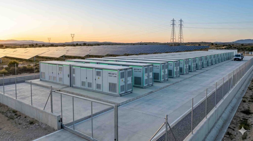 Industrial BESS system generating revenue at solar plant in Spain 2026